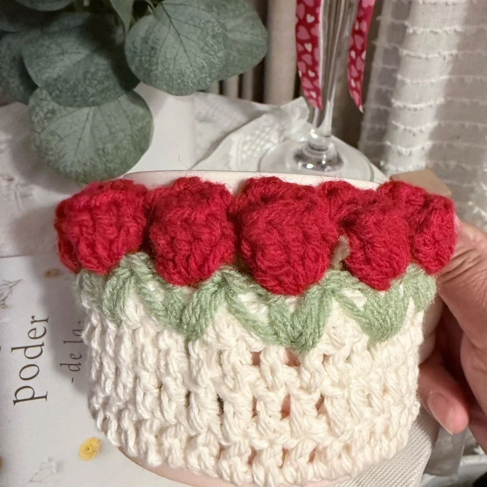 Handmade Crochet Floral Mug Cozy Red& Green Cottagecore Coffee Cup Sleeve